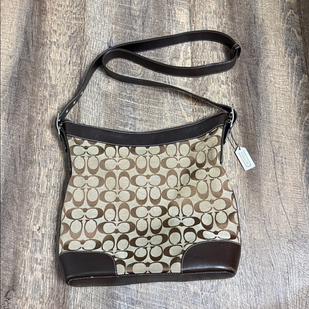 Coach Brown and Tan Signature Shoulder Bag